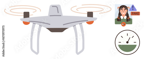 Drone with rotating propellers in flight, identifying fake content in online media with alert symbols. Ideal for technology, surveillance, data analysis, misinformation detection, AI monitoring