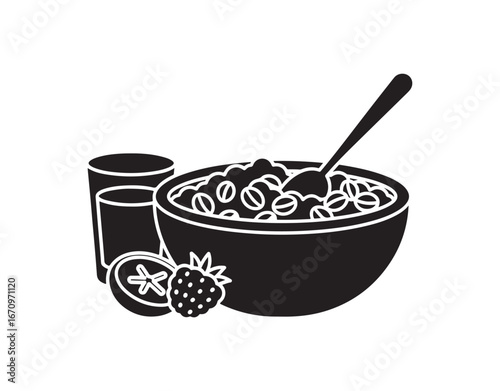 Breakfast and cereal depicted as a black glyph icon. A bowl of fresh muesli. Flake products intended for morning eating. A lunch meal in a box package. This silhouette symbol is on a white background.