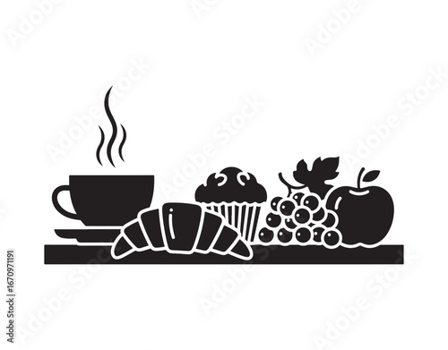 Breakfast represented by a black icon. A light morning meal that includes pastries, baked items, fruits, and coffee. Hotels often add extra charges. It's a silhouette symbol on a white background.