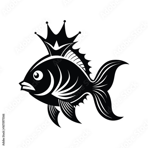 Stylized black and white illustration of a regal fish wearing a crown