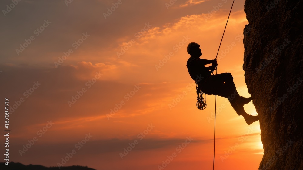 Muscular climber man in protective helmet abseiling from cliff rock wall using rope Belay device and climbing harness on evening sunset sky background. Active extreme sports time spending concept.