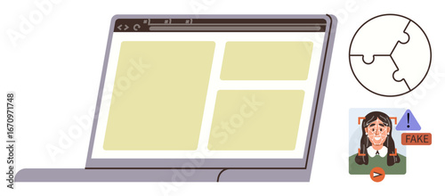 Laptop with open browser, fake news alert over photo, puzzle circle. Ideal for misinformation, digital literacy, problem solving, technology use, critical thinking online safety. Simple flat