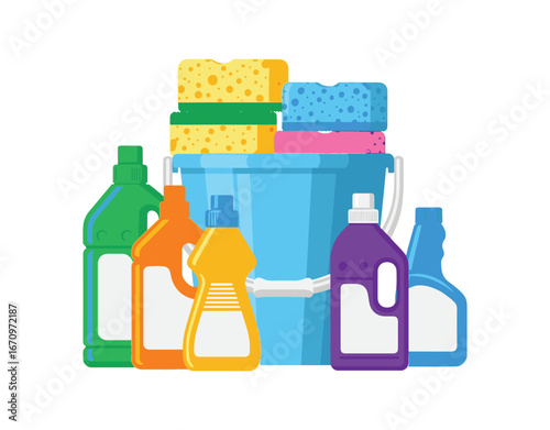 A flat vector illustration on a white background showing a bucket filled with foam sponges and bottles of cleaning chemicals for household use.
