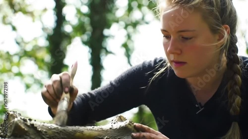 Girl archaeologist carefully cleaning a medieval grave, revealing human remains beneath a layer of clay — scientific discovery in field excavation