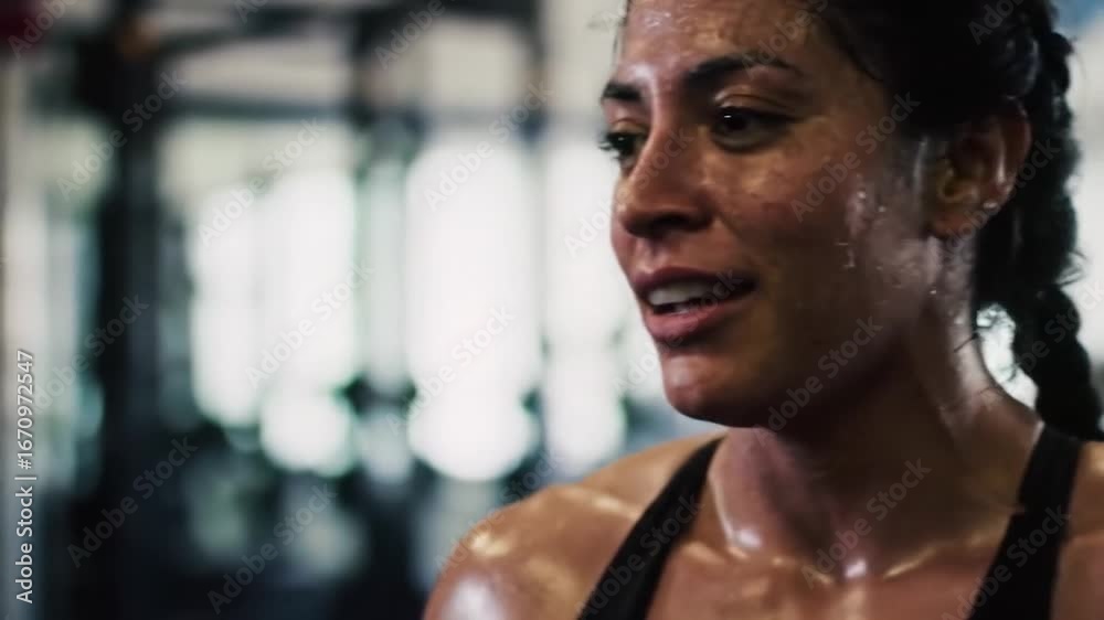 Sweaty Woman Smiling After Intense Gym Workout. Sweaty Woman Smiling After Intense Gym Workout.