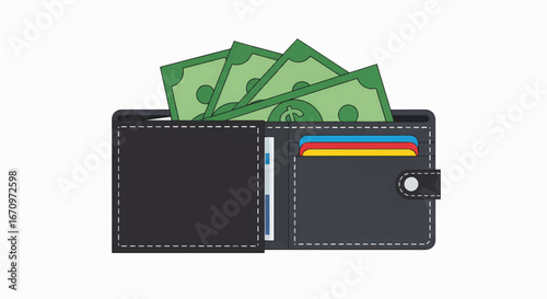 Open wallet overflowing with cash and credit cards symbolizing financial success and wealth management