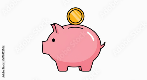 Adorable pink piggy bank with golden coin deposit, symbolizing savings and financial growth