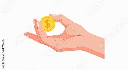 Professional hand holds shining gold coin with dollar sign symbolizing wealth and financial success