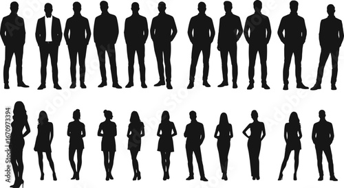 Business silhouettes of professional men and women, standing office people, teamwork concept, formal corporate group, black vector illustration, company staff pose