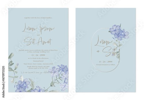 Wedding invitation and save the date template set with a minimalist design and soft, watercolor-style illustrations of Cape leadwort flowers and grayish-green leaves on a pastel blue background