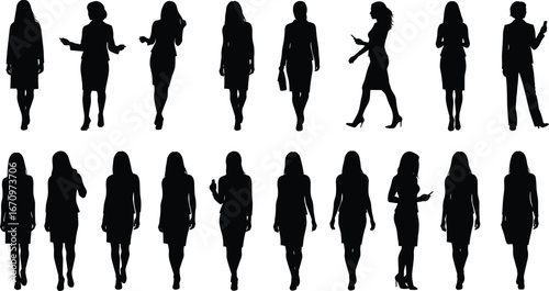Businesswoman silhouette collection, walking female figures, office women with mobile, confident lady poses, elegant professional workers vector, career woman icon, modern lifestyle illustration