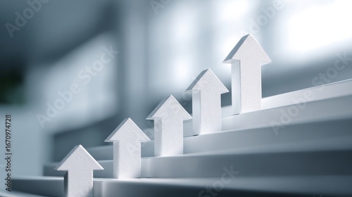 Arrows going up. Growth concept. Go higher for success, self development. Make progress concept. Move up step by step. Career promotion. Upgrade, level up.