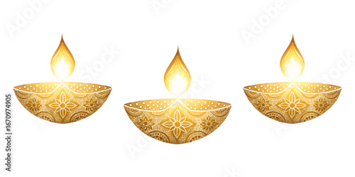 Diya diwali candles isolated on white background	