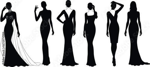 Elegant woman silhouette, fashion model pose, evening gown style, glamorous female figure, runway dress design, stylish lady illustration, beauty concept art, luxury clothing vector