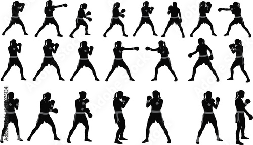 Female boxer silhouette, boxing training poses, women fighters, sport activity, fitness workout, martial arts practice, athletic women, boxing gloves, power, 