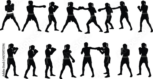Female boxer silhouettes in different boxing poses, fitness training, martial arts practice, women fighters, combat sport, strength, power, boxing gloves, athletic women, exercise, health, competition