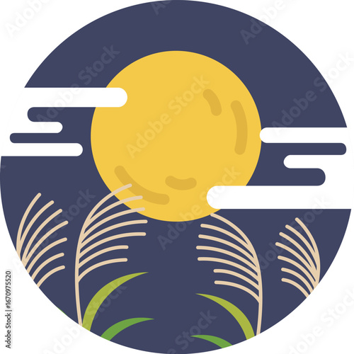 お月見のイラスト｜満月と雲とすすきの秋の夜空のイラスト