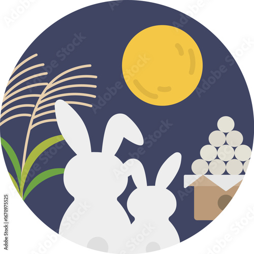 お月見のイラスト｜満月とすすき・月見団子とうさぎの親子のイラスト