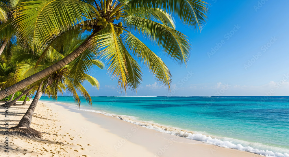 Obraz premium Serene beach scene with palm trees swaying in the gentle breeze and calm turquoise waters