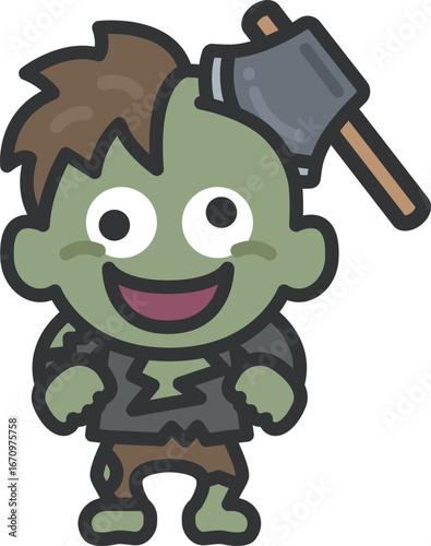 斧が刺さった、ゾンビのキャラクターのアイコン（線画カラー）のイラスト