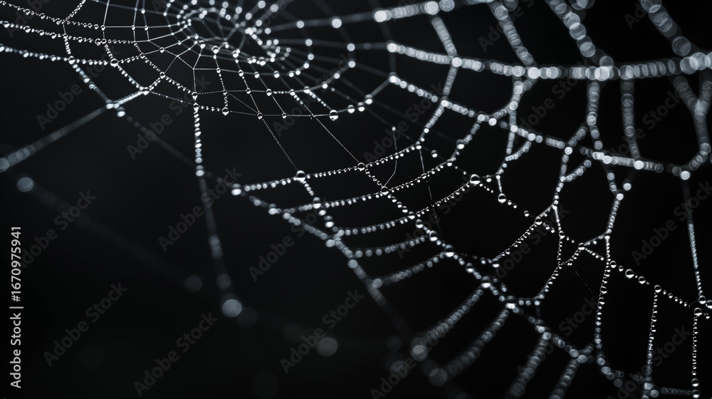 Naklejka premium Close-up of delicate spider web with dew drops against a black background in macro view