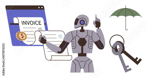 Robot managing digital invoice process, coin, keys, umbrella emphasizing automation, financial management, security, liability, protection future technology innovation. Ideal for fintech AI