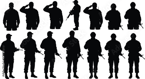 Military soldier silhouette, army men standing, tactical force with rifles, combat posture vector, saluting soldiers illustration, armed forces icon, defense security personnel design