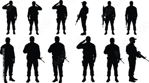 Military soldier silhouette, armed forces men, army salute vector, combat readiness pose, soldier with rifle, tactical defense illustration, standing troops icon, warfare figure design