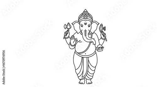 Wallpaper Mural Refined monochrome line sketch of Lord Ganesha standing with crown, jewelry, and draped attire. Torontodigital.ca