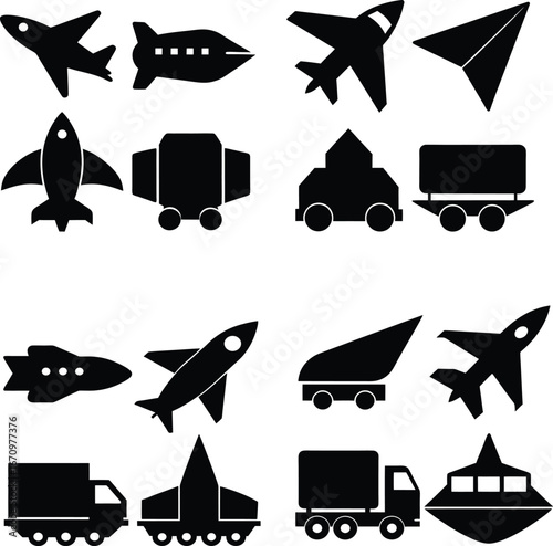 Collection of Black Silhouettes Airplanes, Rocket Ships, and Various Transportation Icons