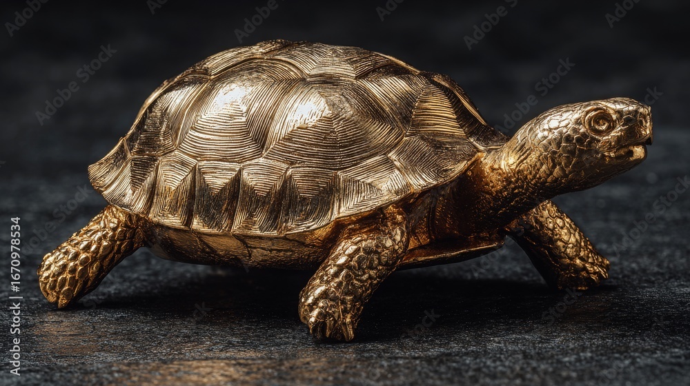 Naklejka premium Golden turtle statuette, shiny carapace, on a textured surface. A symbol of longevity and slow progress, against a dark backdrop.