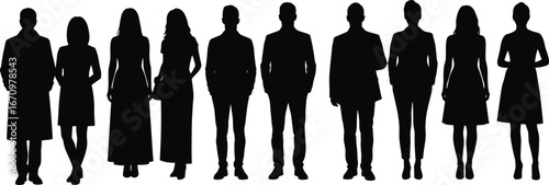 Silhouette group of men and women standing in formal and casual attire, diverse team, professional business people, office staff, teamwork concept, vector illustration.