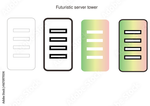 Four futuristic server towers in a row, each evolving with increasing detail and color, from simple outlines to vibrant gradients
