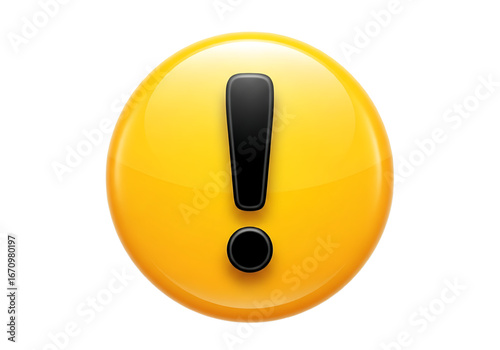 Exclamation mark icon, yellow 3d button, isolated warning sign png