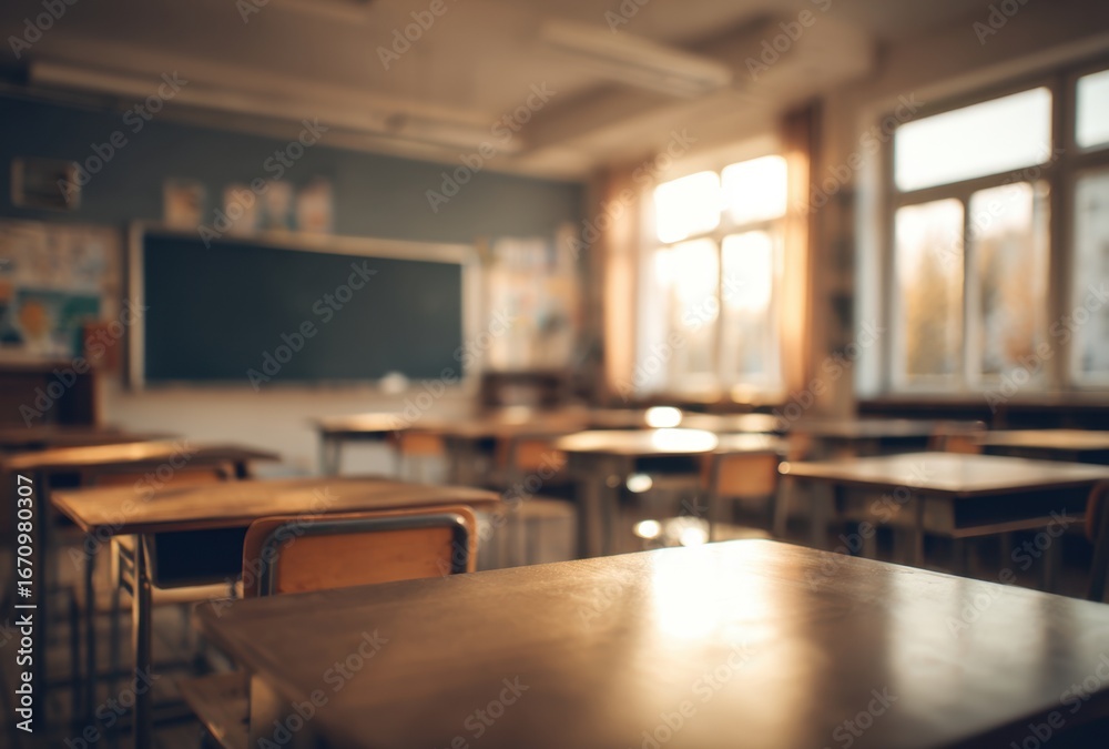 Fototapeta premium Empty Classroom with Desks and Chairs Bathed in Natural Light from Large