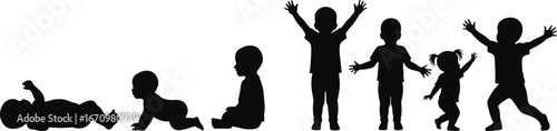 Silhouette of babies and toddlers in various poses, crawling, sitting, standing, playing, happy children, early childhood development, growth stages, diverse 
