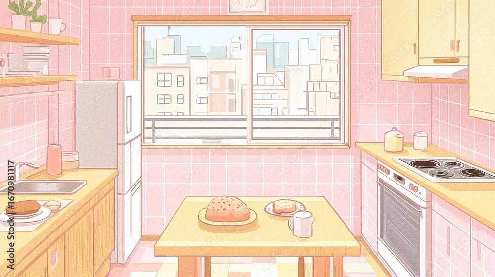 Fototapeta premium Pastel-toned kitchen interior with city view.