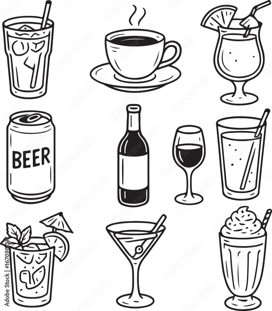 Obraz premium hand-drawn set of drinks and beverages
