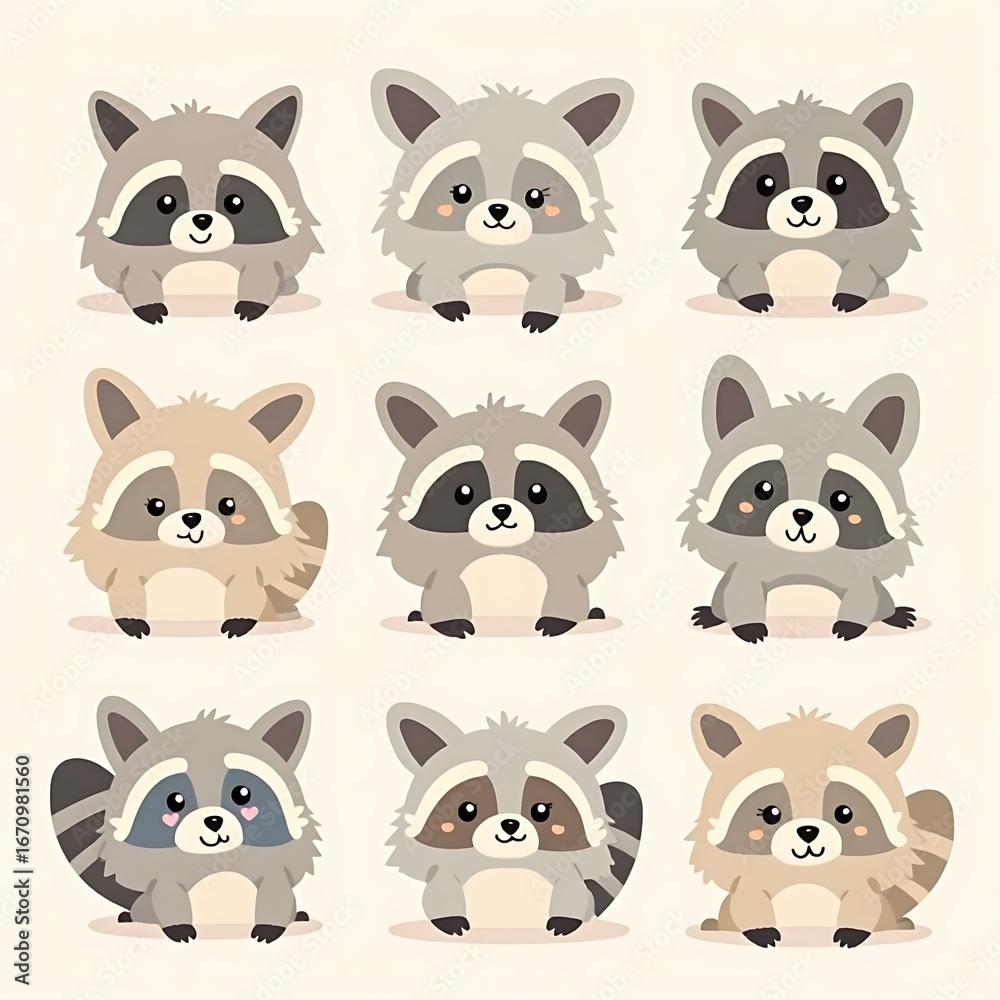 Fototapeta premium Cute Raccoon Cartoon Characters Illustration Collection