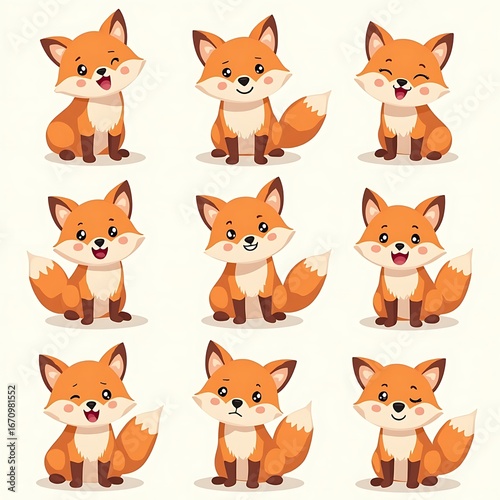 Cartoon Foxes Collection with Various Happy Expressions