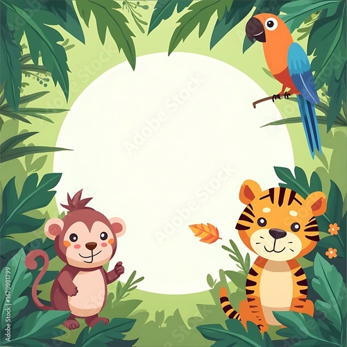 Cartoon Jungle Animals Frame Parrot Monkey Tiger Leaves