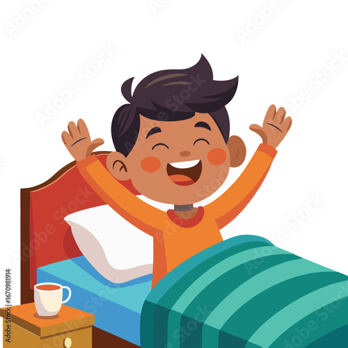 Cheerful boy waking up in the morning, stretching in bed, vector illustration
