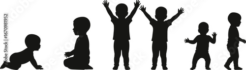 Silhouette of baby and toddler in various stages crawling, sitting, standing, walking, joyful children playing, growth development, early childhood, kid 