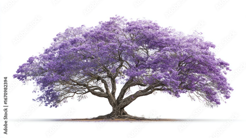 Obraz premium Sprawling tree with dense, vibrant purple blossoms, against a stark white background