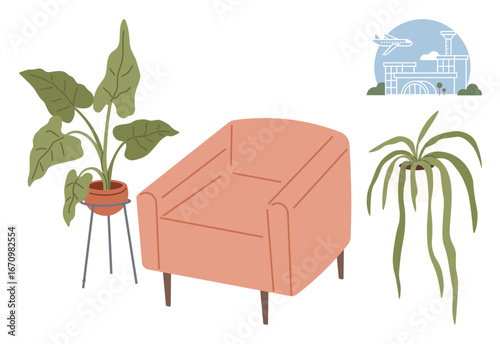 Pink armchair surrounded by two potted indoor plants. Background features a minimal airport facade and plane, showcasing a blend of comfort, greenery, and wanderlust. Ideal for relaxation, travel