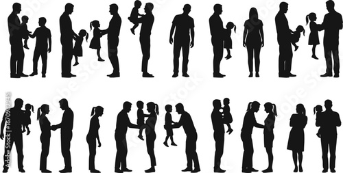 Silhouette of diverse families, parents holding children, playing, interacting, happy moments, love and bonding, parenthood, togetherness, parenting care, black vector isolated on white background.