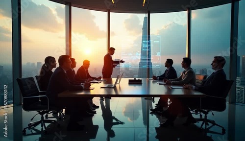 Business Meeting in Modern Conference Room with City View During Sunset