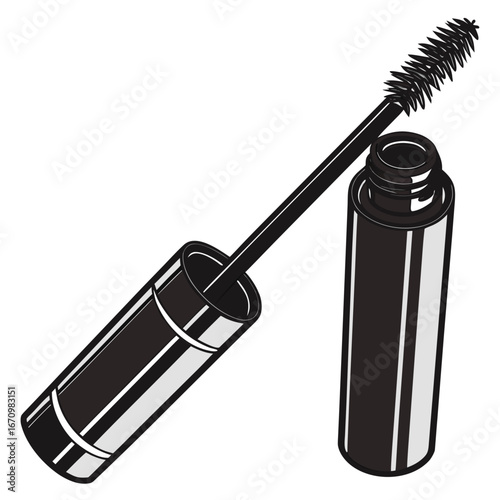 Close-up beauty shot of a cosmetic mascara brush with a black bottle on a white background