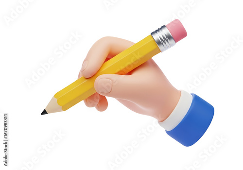 3d cartoon hand holding pencil for writing concept png