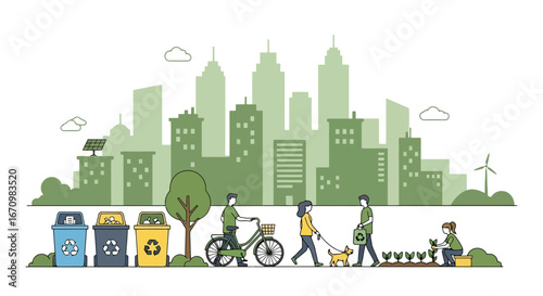 Eco-Friendly City Lifestyle Illustration Promoting Sustainable Urban Living and Environmental Awareness for Green Initiatives and Conscious Community Designs
